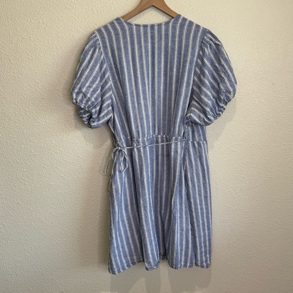 Old Navy Women's 3X Blue Striped Puff-Sleeve Mini Wrap Linen Dress Vacation Boho - Picture 7 of 7